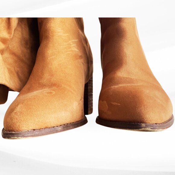 Report Tariq Tall Shaft Faux Suede Bootie Tan Block Heel Slip On/Pull Tab Size 9 - Picture 5 of 16